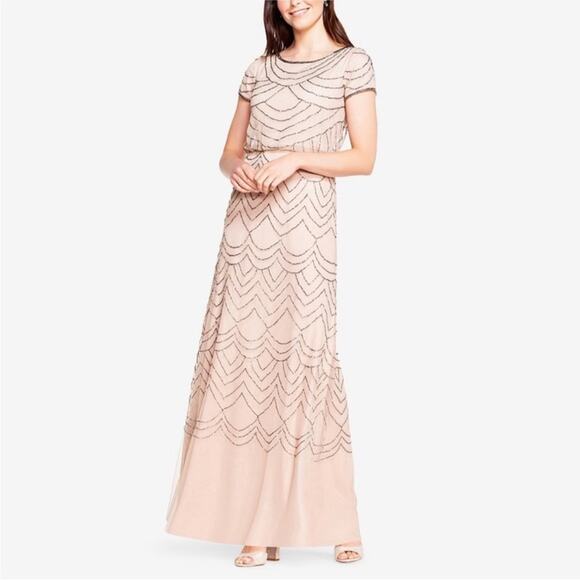 NWT Adrianna Papell Blush Pink Beaded Short Sleeve Maxi Gown Dress Size 16 - Picture 1 of 7